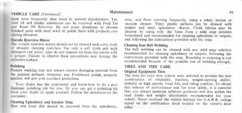 1974 Ford Bronco - Ford owner's manual maintenance page: exterior care, outside rearview mirror cleaning, polishing, cleaning upholstery, seat belt webbing an…
