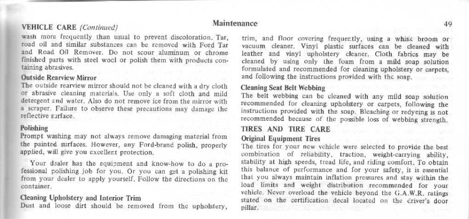 Ford owner manual vehicle care polishing upholstery and tires page 49