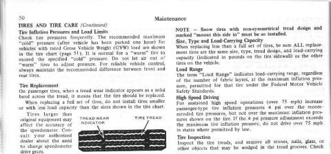 1974 Ford Bronco - This document page discusses tire maintenance, including inflation, load capacity, and inspection, with accompanying diagrams.