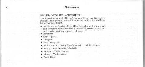 1974 Ford Bronco - This document page details dealer-installed accessories available for a Ford Bronco.