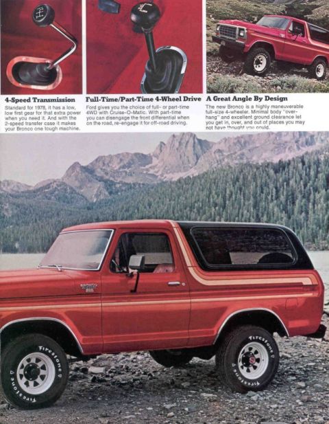 1978 Ford Bronco - This 1978 Ford Bronco features a distinctive red paint job with a black top and colorful side stripes, presented in a 3/4 front profile.