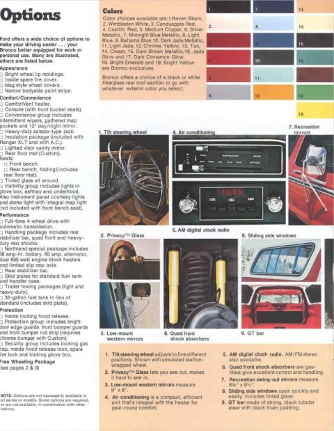 1978 Ford Bronco - This document page details various options available for a vehicle, including color choices and features.