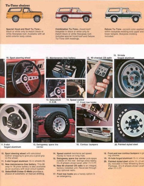 1978 Ford Bronco - Catalog page detailing Tu-Tone color options and various features available for the 1978 Ford Bronco.