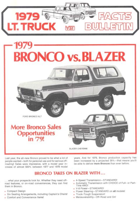 1978 Ford Bronco - A 1979 'Lt. Truck Facts Bulletin' sales document titled '1979 Bronco vs. Blazer,' featuring line-art of a pickup at top and illustrations o…