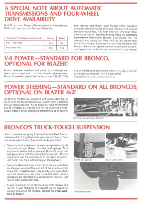 1978 Ford Bronco - This document details the differences between Ford Bronco and Chevrolet Blazer models, focusing on transmissions and suspension systems.