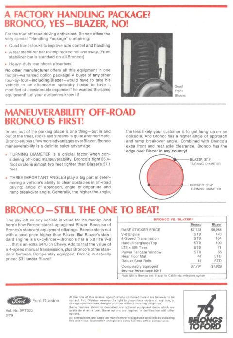 1978 Ford Bronco - This document details the advantages of the Ford Bronco over the Chevrolet Blazer in off-road capability and value.