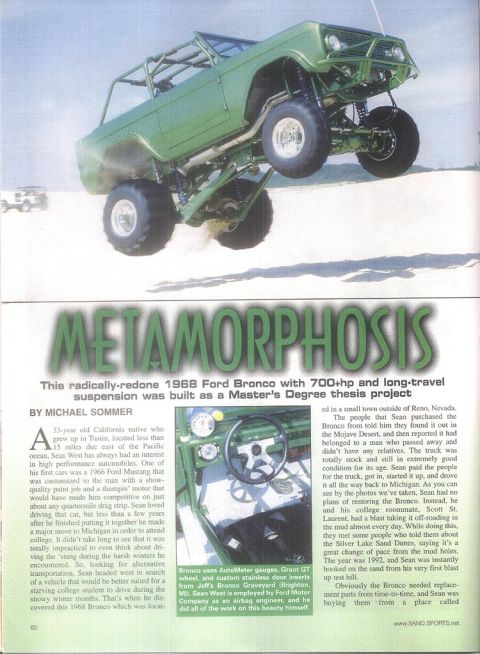 1974 Ford Bronco - This modified 1968 Ford Bronco features a custom suspension and is shown airborne over sand.