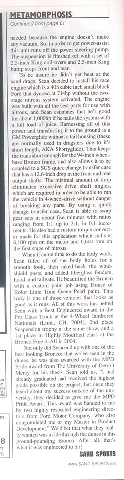 1974 Ford Bronco - Magazine page details vehicle modifications and awards received by a Bronco owner.