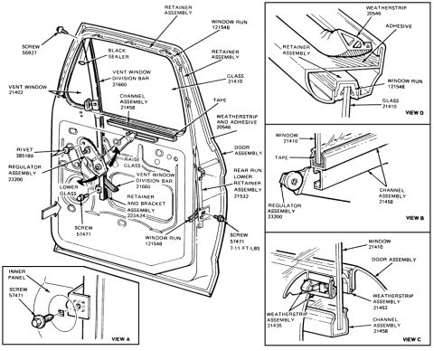 1978 Ford Bronco - Exploded diagram details the inner workings of a vehicle door assembly.