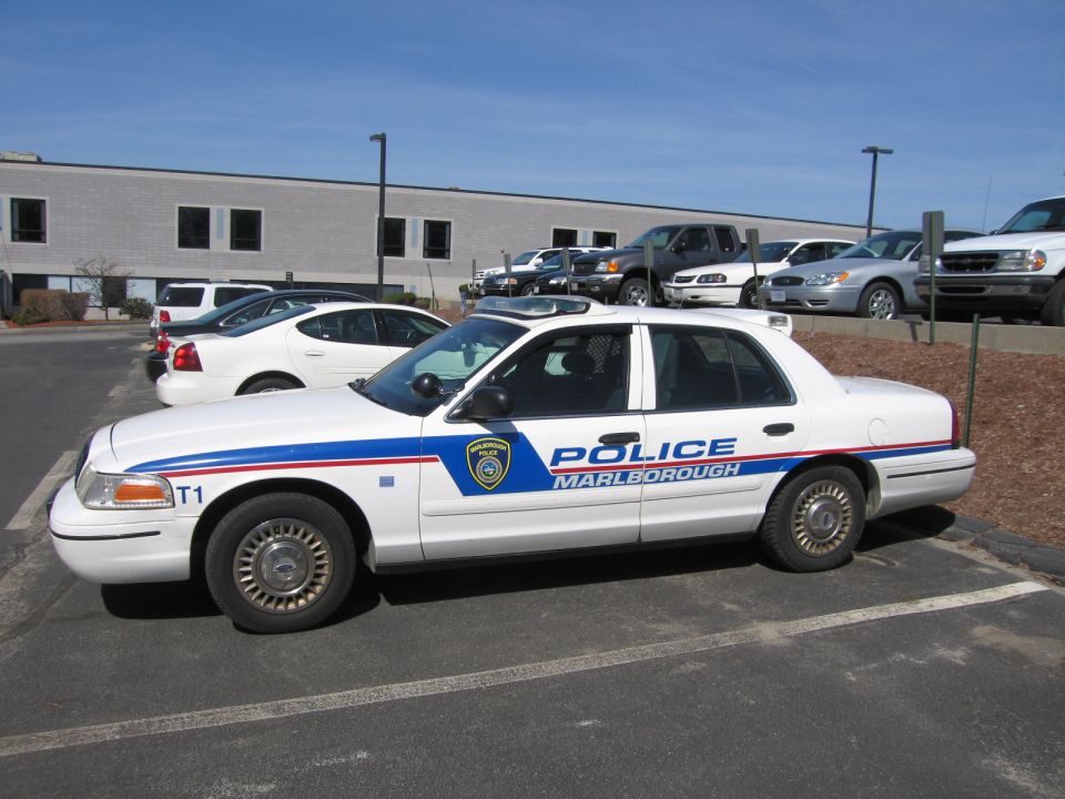 Side view of white Ford Crown Victoria Marlborough police cruiser