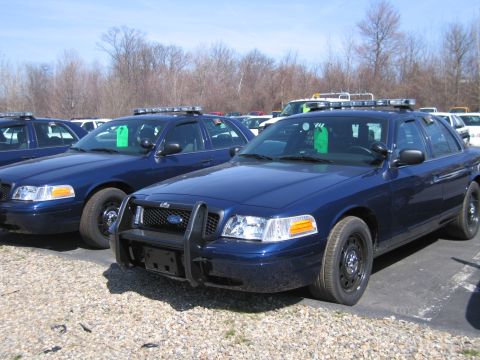 1991 Ford LTD Crown Victoria - dark blue Ford Crown Victoria police interceptor with a front push bar and roof light bar sits among rows of similar cruisers on gravel.