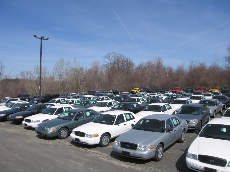 Large lot of parked sedans, mostly white and silver Ford Crown Victorias