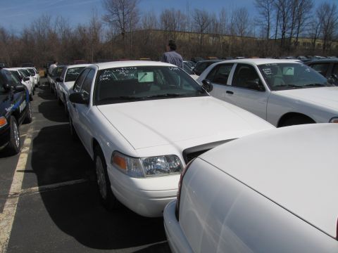 1991 Ford LTD Crown Victoria - Rows of white Ford Crown Victoria sedans, several with handwritten markings on their windshields, are parked in a lot as a person walks by.