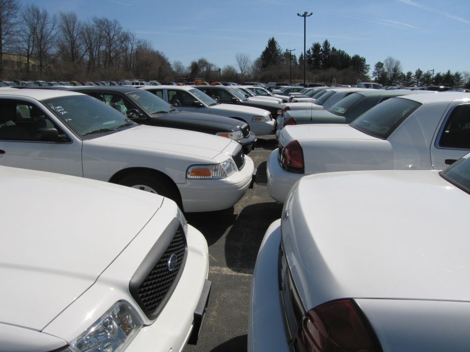 Rows of white Ford Crown Victoria-style sedans packed in a parking lot