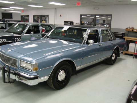 1991 Ford LTD Crown Victoria - light-blue 1980s Chevrolet Caprice four-door with a pillar-mounted spotlight, parked beside a green police sedan indoors.