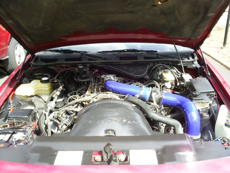 engine bay with blue turbo piping, caution fan cover visible