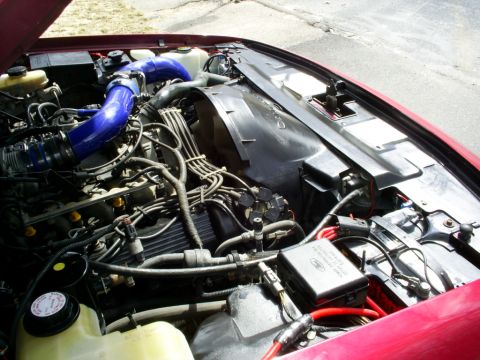 1995 Ford Crown Victoria - The engine bay of a 1995 Ford Crown Victoria shows a V8 engine with aftermarket blue intake piping.