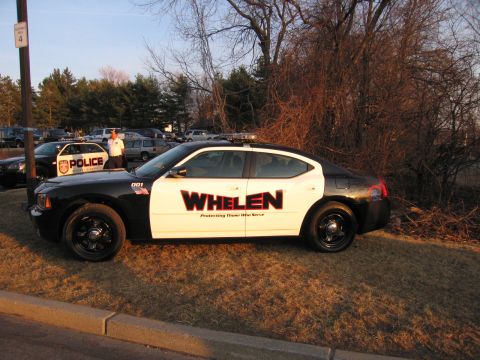 1991 Ford LTD Crown Victoria - Black and white Dodge Charger sedan with WHELEN graphics and roof light bar parked on grass, with a black police Charger behind it.