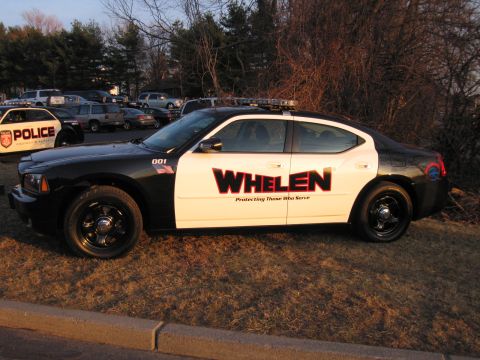 1991 Ford LTD Crown Victoria - Driver-side view of a black and white Dodge Charger lettered WHELEN Protecting Those Who Serve, with a roof light bar, parked on grass.