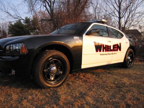 1991 Ford LTD Crown Victoria - Low front three-quarter view of a black and white Dodge Charger with WHELEN graphics and a roof light bar, parked on grass.