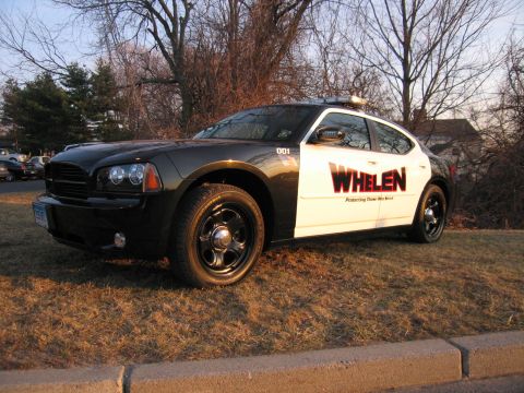 1991 Ford LTD Crown Victoria - Front three-quarter view of a black and white Dodge Charger lettered WHELEN with a roof light bar, parked on grass near trees.