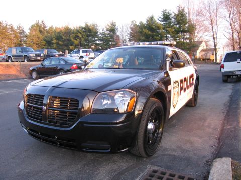1991 Ford LTD Crown Victoria - black-and-white Dodge Magnum wagon in POLICE livery sits angled in a parking lot with bare trees behind it.