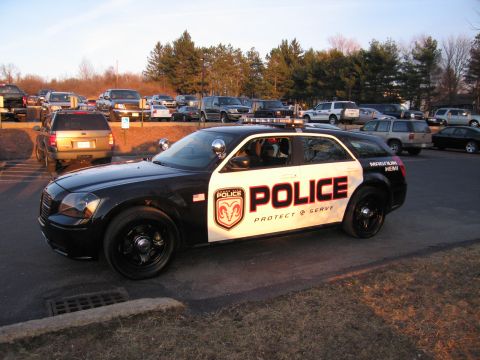 1991 Ford LTD Crown Victoria - Driver-side profile of a black-and-white Dodge Magnum police wagon lettered POLICE with a ram-crest badge, lit by warm low sun.