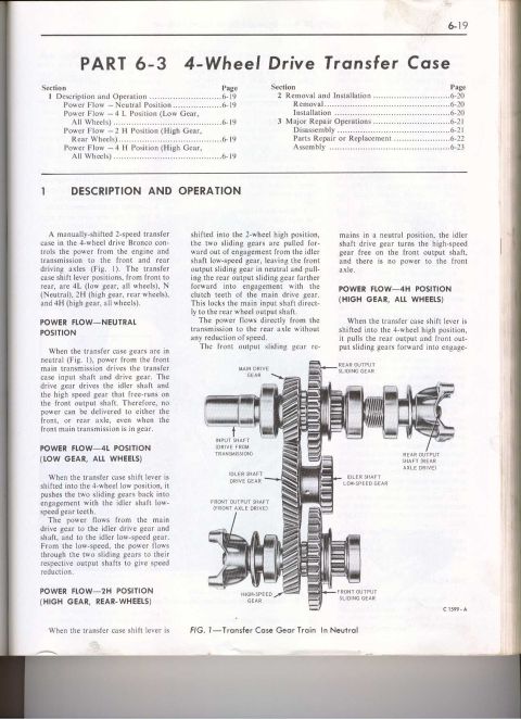1974 Ford Bronco - Service manual page covering 4-wheel drive transfer case description and operation with a cutaway gear train figure.