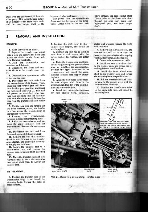 1974 Ford Bronco - Manual-shift transmission/transfer case service page: describes power flow to front and rear axles and step-by-step transfer case removal a…