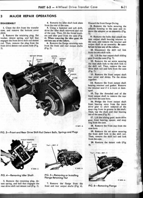 1974 Ford Bronco - Service procedure page detailing 4-wheel drive transfer case major repair disassembly steps with labeled photographs.