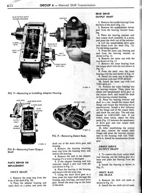 1974 Ford Bronco - Manual-shift transmission overhaul page (Group 6, p.6-22) covering input shaft, rear drive output shaft and adapter housing teardown; outpu…