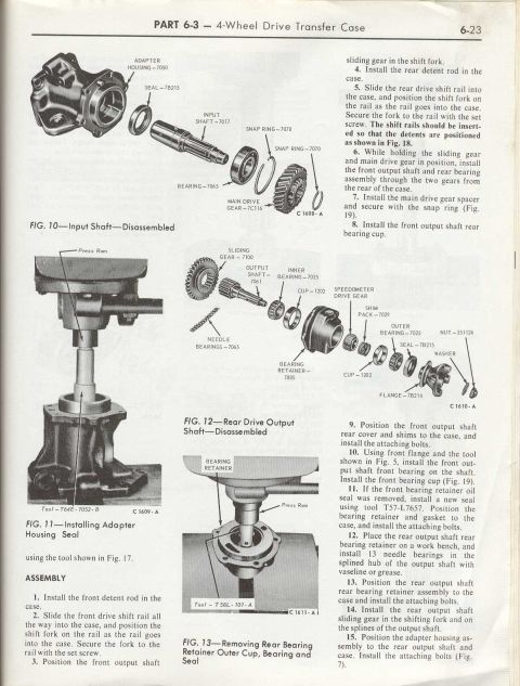 1974 Ford Bronco - Service procedure page showing transfer case input and output shaft disassembly figures alongside assembly instructions.