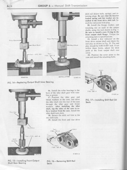 1974 Ford Bronco - Manual-shift transmission reassembly page (p.6-24): set front output shaft end play to 0.003-0.005 in via shim pack, install idler gear/thr…