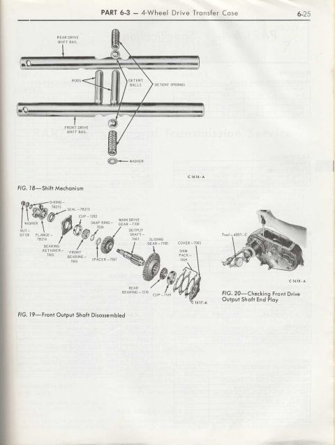 1974 Ford Bronco - Exploded parts diagrams of the transfer case shift mechanism and front output shaft showing bearings, gears, and detent components.