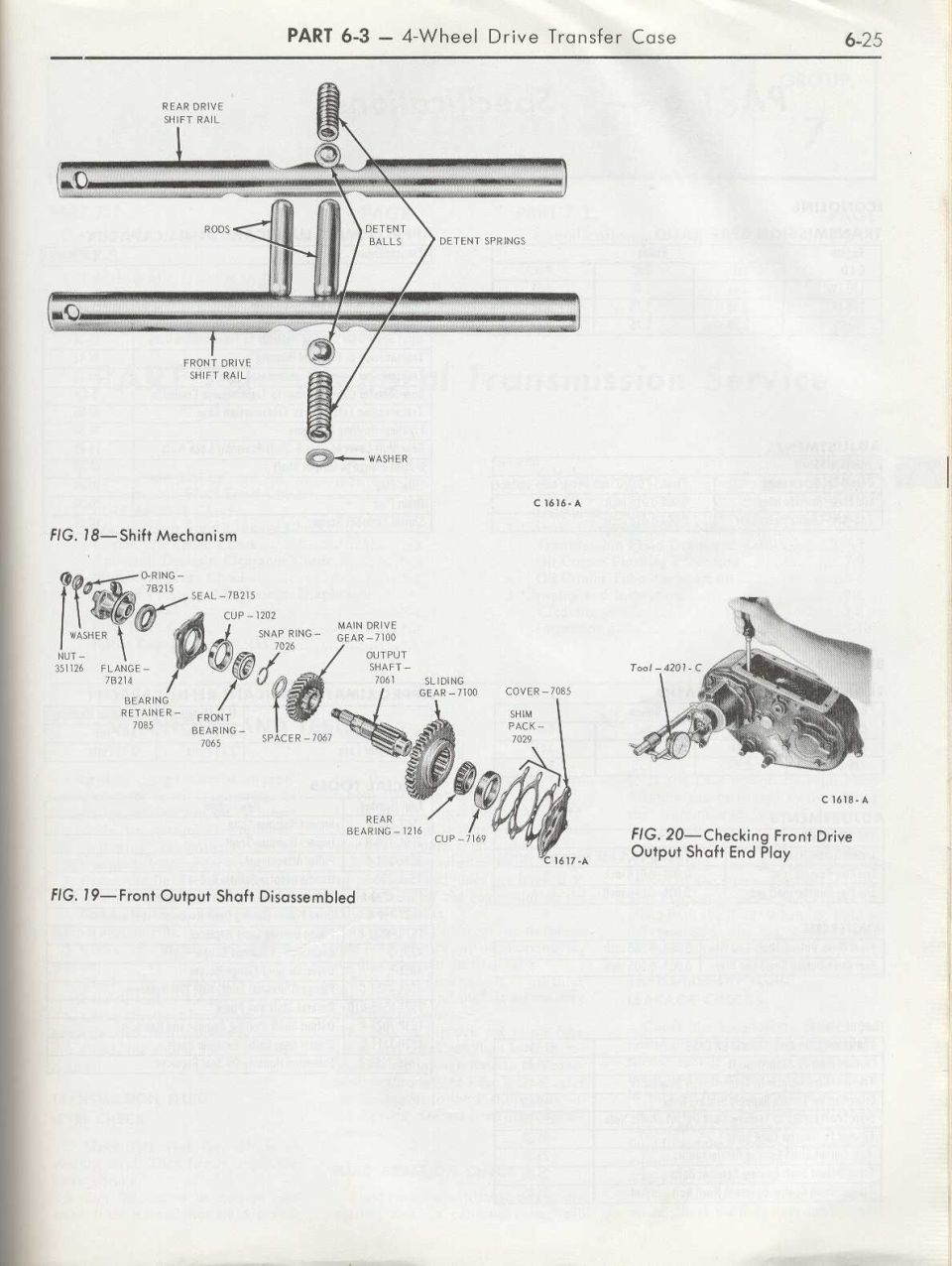 Exploded diagrams of transfer case shift mechanism and front output shaft with part labels