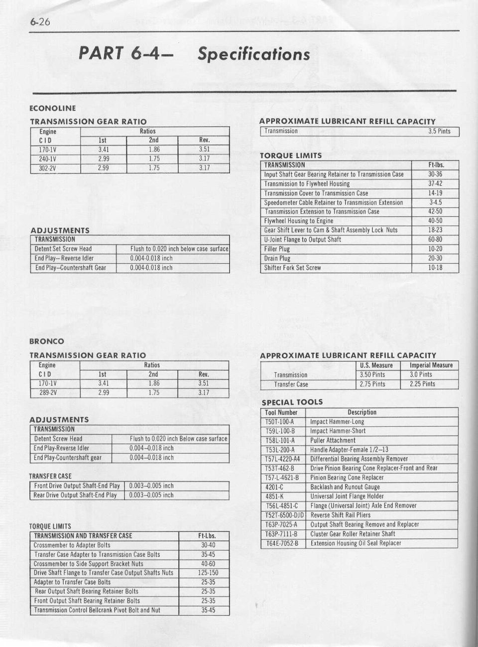 Ford Econoline and Bronco C10 transmission specifications: gear ratios, lubricant capacity and torque limits