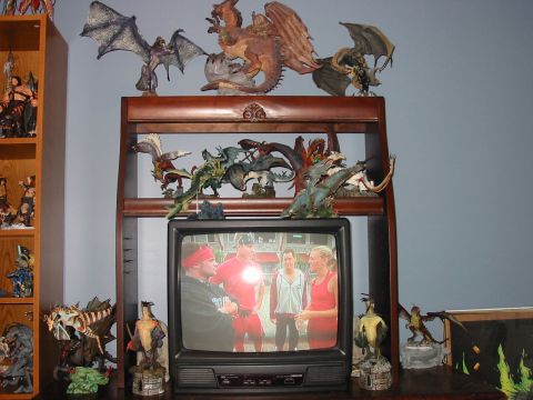 1991 Ford Bronco - A collection of dragon figurines displayed on shelves above a television screen.