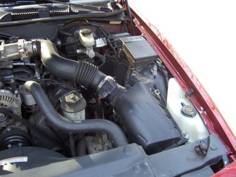 1999 Ford Crown Victoria - Engine bay of a red 1999 Ford Crown Victoria, with visible hoses and reservoirs.