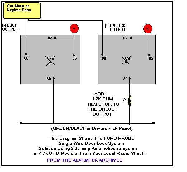 Ford Probe single-wire door lock relay wiring diagram using two 30-amp relays and 4.7k ohm resistor