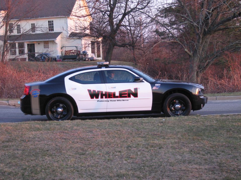 Black-and-white Dodge Charger police sedan with WHELEN livery on grass