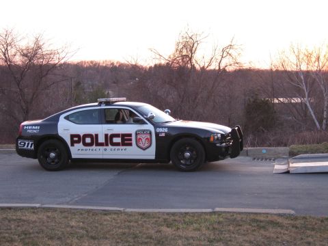 1991 Ford LTD Crown Victoria - black-and-white Dodge Charger marked POLICE with a front push bar and roof light bar parked in a lot at sunset.