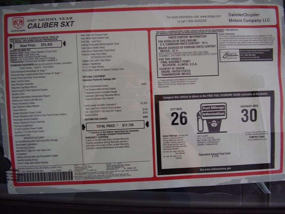 2007 Dodge Caliber SXT window sticker with price and MPG