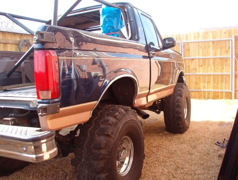 1994 Ford Bronco - This modified Ford Bronco features a roll cage and lifted suspension, seen from a rear angle.