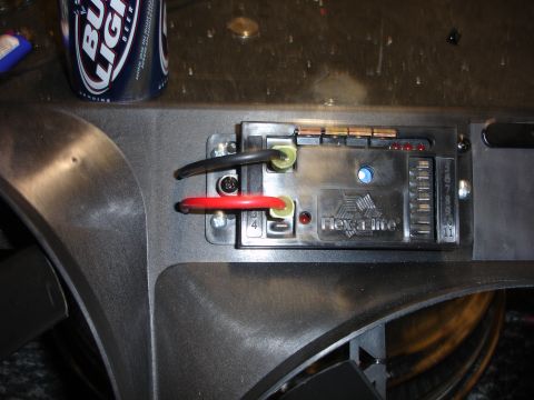 1996 Ford Bronco - Close-up of a Flex-a-lite fan controller with wiring and a beverage can nearby.