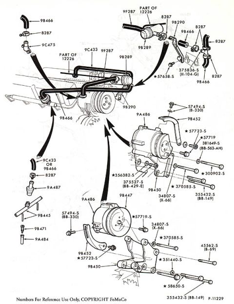 1974 Ford Bronco - Exploded parts diagram of an air injection pump, brackets, hoses, and fasteners labeled with Ford part numbers.