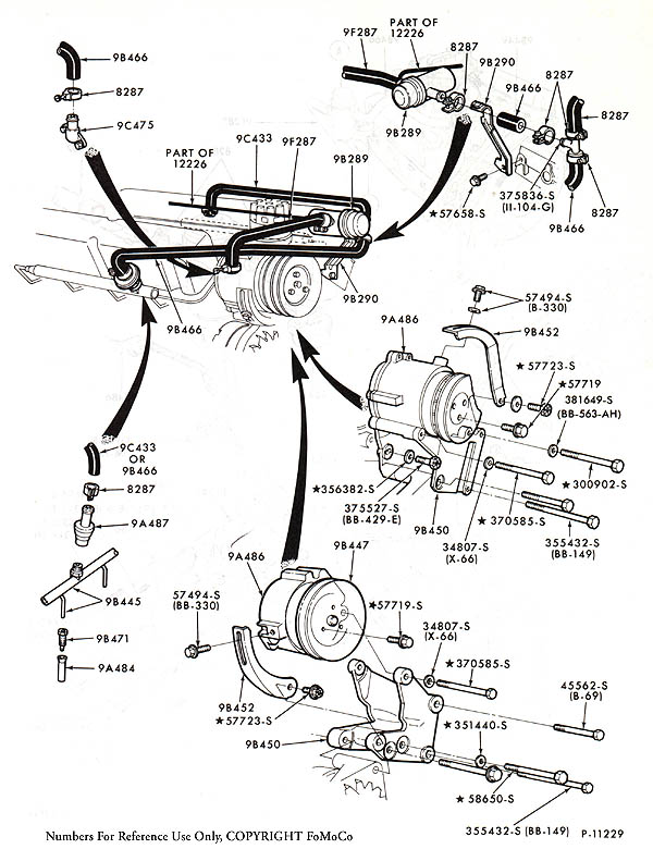 Exploded diagram of air pump and bracket assembly with Ford part numbers