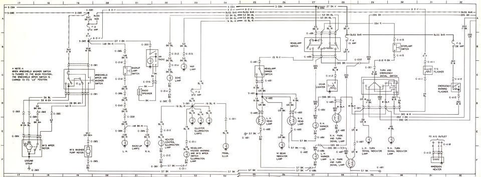 Vehicle wiring diagram showing headlight, switch, and lamp circuits