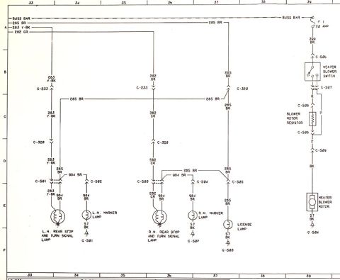 1974 Ford Bronco - Wiring diagram showing rear stop/turn lamp, marker, license lamp, and heater blower circuits with color-coded wires and ground points.