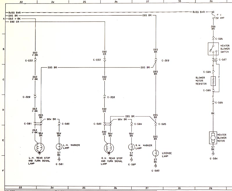 Wiring diagram of rear lamp and heater blower circuits with wire color codes