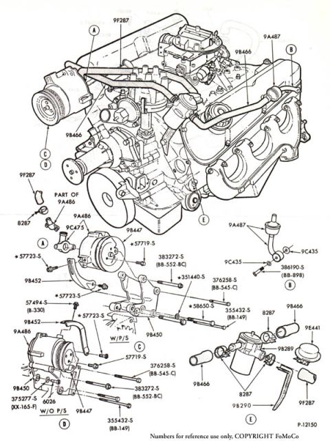 1974 Ford Bronco - Exploded parts diagram of the engine with air pump, accessory brackets, hoses, and fasteners labeled with Ford part numbers.